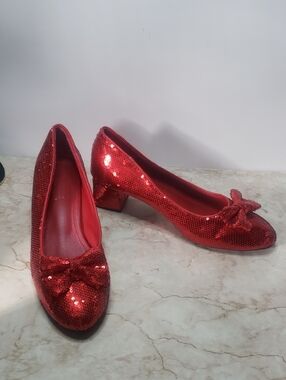 Red Sequin Bow Block Heel Pumps - Women